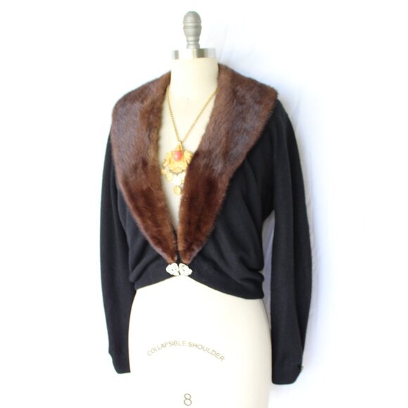 Bernard Altman black Cashmere cardigan brown Mink Collar vintage dress sweater - Picture 6 of 9
